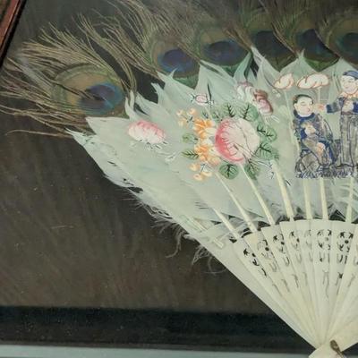 Framed Antique Art and Hand Painted Peacock Fan