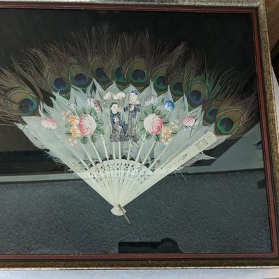 Framed Antique Art and Hand Painted Peacock Fan