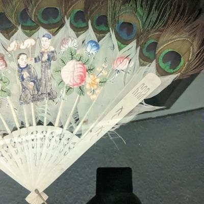 Framed Antique Art and Hand Painted Peacock Fan