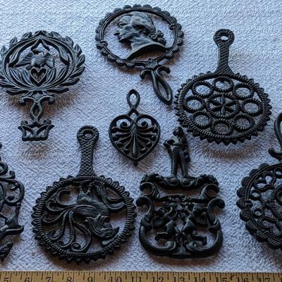 Collection of 8 Vintage Cast Iron Trivets, rooster