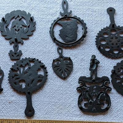Collection of 8 Vintage Cast Iron Trivets, rooster