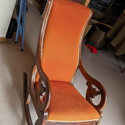 Antique Victorian Carved Walnut, Well Upholstered Rocking Chair