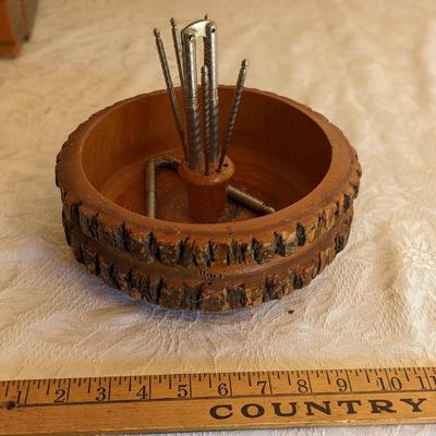 Vintage Rustic Ellwood Genuine Pine Round Nut Cracker Bowl + Tools