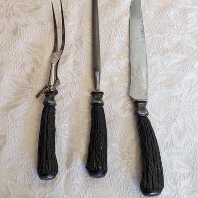 Antique Lee's set of 3 Antler Carving Knife Set with Sterling Silver Overlay