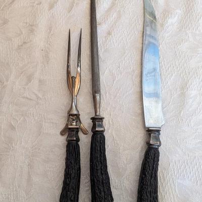 Antique Lee's set of 3 Antler Carving Knife Set with Sterling Silver Overlay