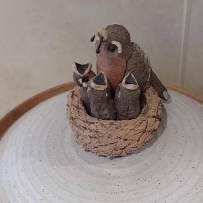 Whimsical Momma Bird Feeding Babies Pottery Lidded Pot Kendall, NC
