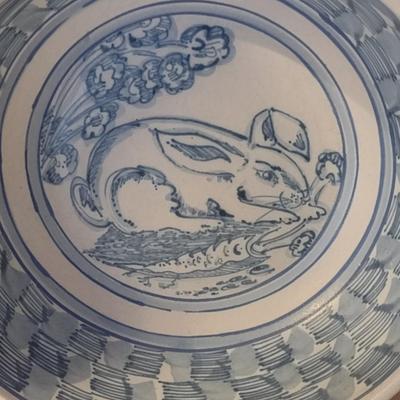 Blue and White Pottery Bowl Rabbit Signed by Artist