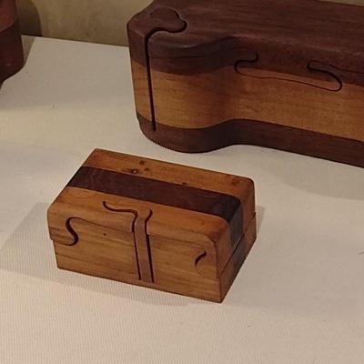 Set of Four Wood Hand Cut Puzzle Boxes