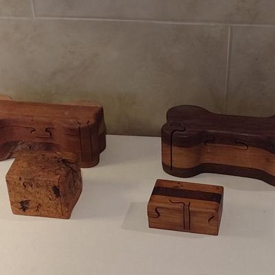 Set of Four Wood Hand Cut Puzzle Boxes