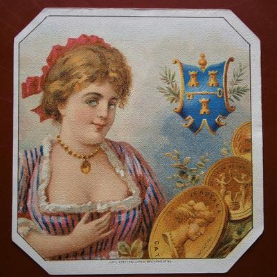 Generic Outer Cigar Label with Image of Young Woman & Coins,