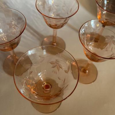 5- Pink Depression Glass Etched Sherry Glasses