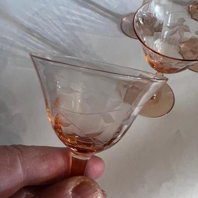 5- Pink Depression Glass Etched Sherry Glasses