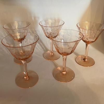 5- Pink Depression Glass Etched Sherry Glasses