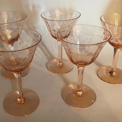 5- Pink Depression Glass Etched Sherry Glasses