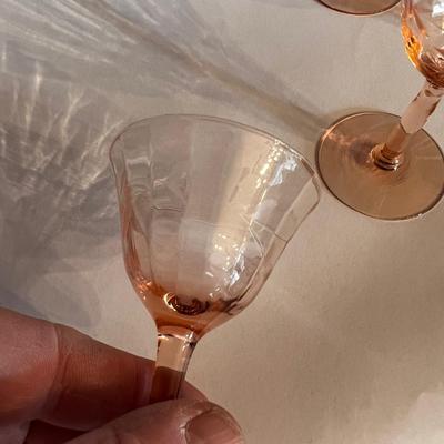5- Pink Depression Glass Etched Sherry Glasses