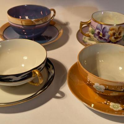 4- Tea Cups Lusterware, Blue, Purple 