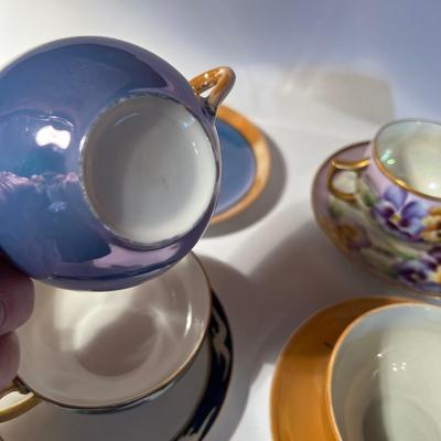 4- Tea Cups Lusterware, Blue, Purple 