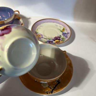 4- Tea Cups Lusterware, Blue, Purple 