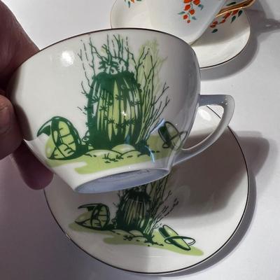 4- Green - ish Teacups Barrel Cactus Flowers etc.