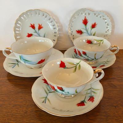 Norcrest Mix of Tea Cups and Plates all with Indian Paint Brush Wyoming imprinted on 
