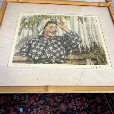 Pair of Japanese Farmers Prints Framed in Bamboo