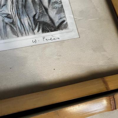 Pair of Japanese Farmers Prints Framed in Bamboo