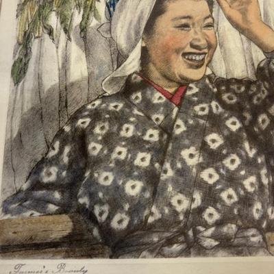 Pair of Japanese Farmers Prints Framed in Bamboo