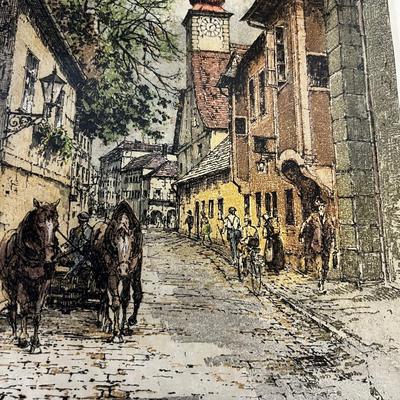 Signed Etching European Street , Framed and Matted 