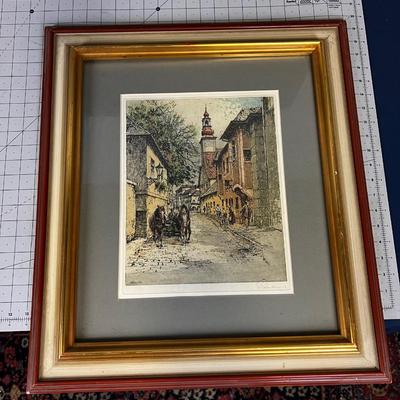 Signed Etching European Street , Framed and Matted 