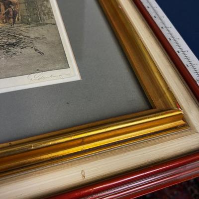 Signed Etching European Street , Framed and Matted 