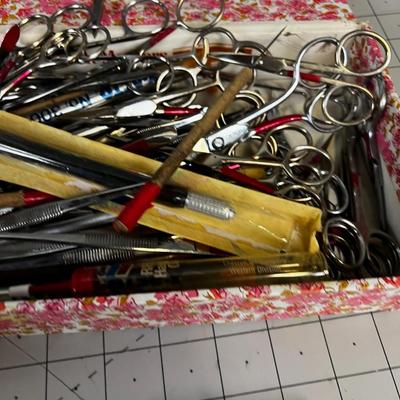 Box full of Tweezers, Scissors and Exacto knives