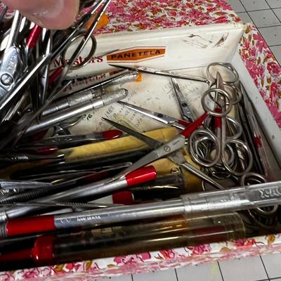 Box full of Tweezers, Scissors and Exacto knives