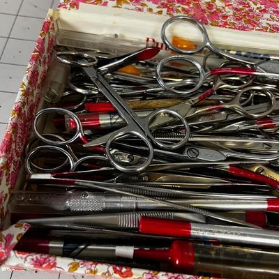 Box full of Tweezers, Scissors and Exacto knives