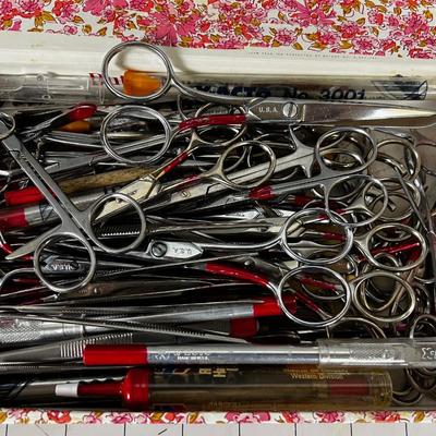 Box full of Tweezers, Scissors and Exacto knives
