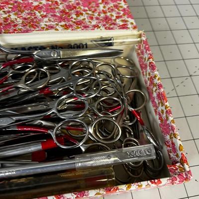 Box full of Tweezers, Scissors and Exacto knives