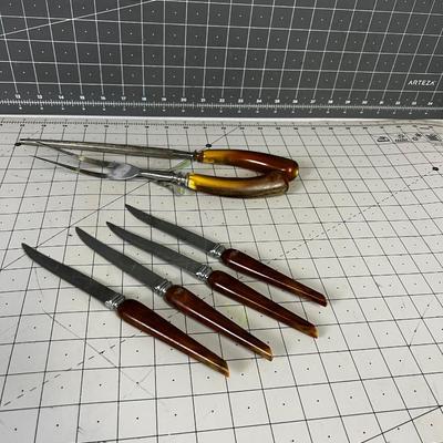 Steak Knife, Sharpener and Fork Bakelite