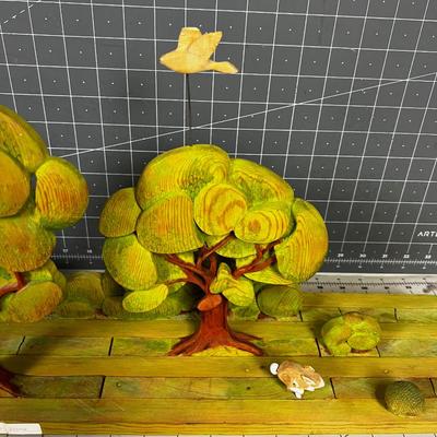 Wood Sculpture Looks To be Hand Crafted Trees, Dog, Rabbit and Duck.