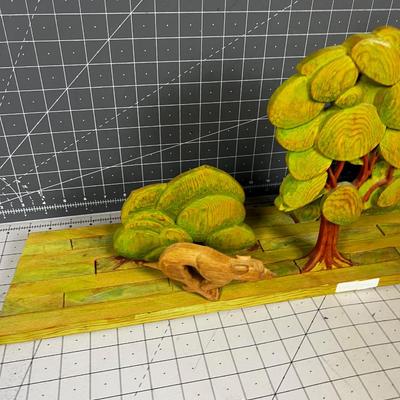 Wood Sculpture Looks To be Hand Crafted Trees, Dog, Rabbit and Duck.