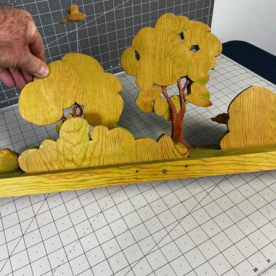 Wood Sculpture Looks To be Hand Crafted Trees, Dog, Rabbit and Duck.