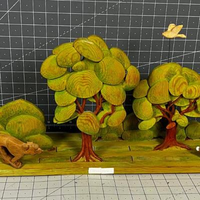 Wood Sculpture Looks To be Hand Crafted Trees, Dog, Rabbit and Duck.