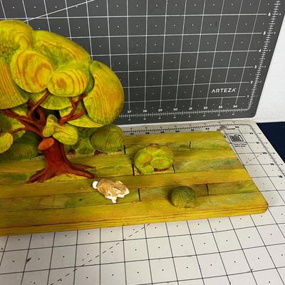 Wood Sculpture Looks To be Hand Crafted Trees, Dog, Rabbit and Duck.