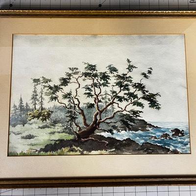 Trees by the Ocean Watercolor under Glass Signed with initials WNBS Dated 1937