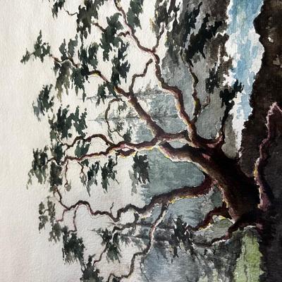 Trees by the Ocean Watercolor under Glass Signed with initials WNBS Dated 1937