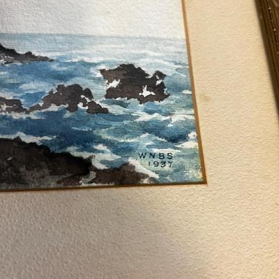 Trees by the Ocean Watercolor under Glass Signed with initials WNBS Dated 1937