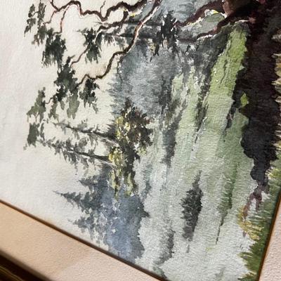 Trees by the Ocean Watercolor under Glass Signed with initials WNBS Dated 1937