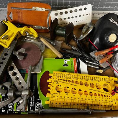 Tray of Tools: Drill bits, Sanding Pads, Clamps