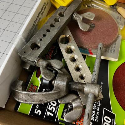 Tray of Tools: Drill bits, Sanding Pads, Clamps