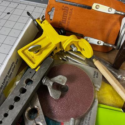 Tray of Tools: Drill bits, Sanding Pads, Clamps