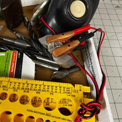 Tray of Tools: Drill bits, Sanding Pads, Clamps