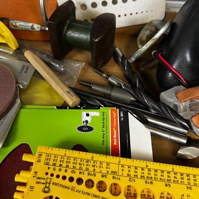 Tray of Tools: Drill bits, Sanding Pads, Clamps